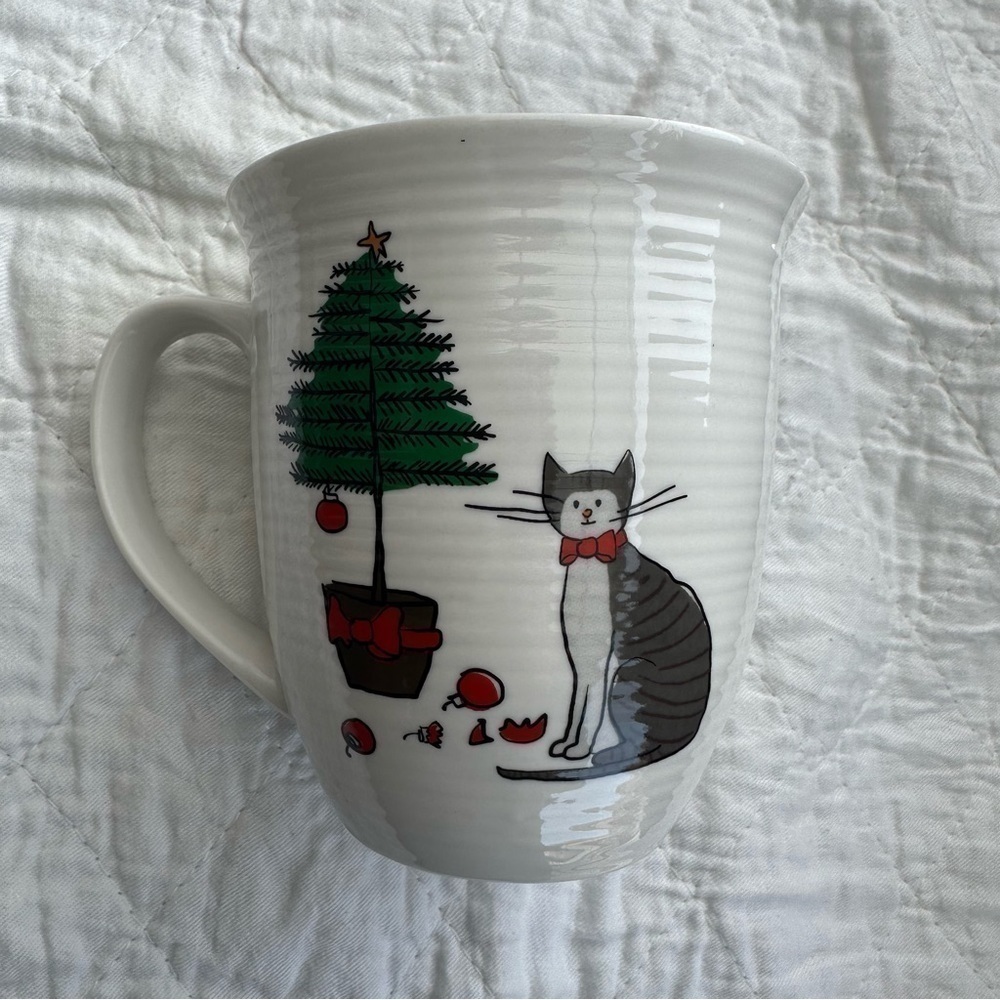 The Good Cat Company Happy Pawlidays Gray Tabby Cat & Christmas Tree Coffee Mug